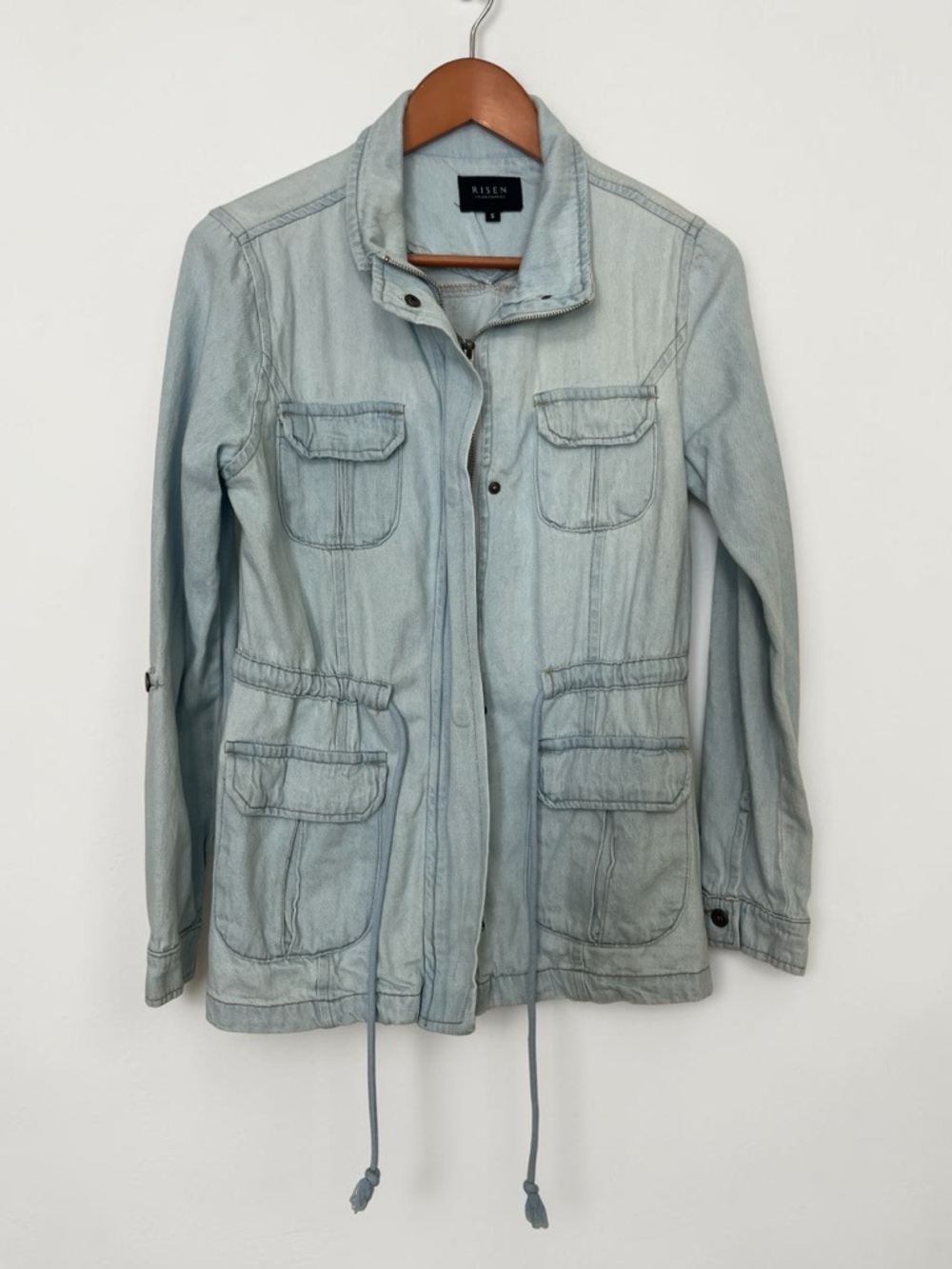 Risen Denim Distressed Light Wash Anorak Utility Jacket Y2K size S
